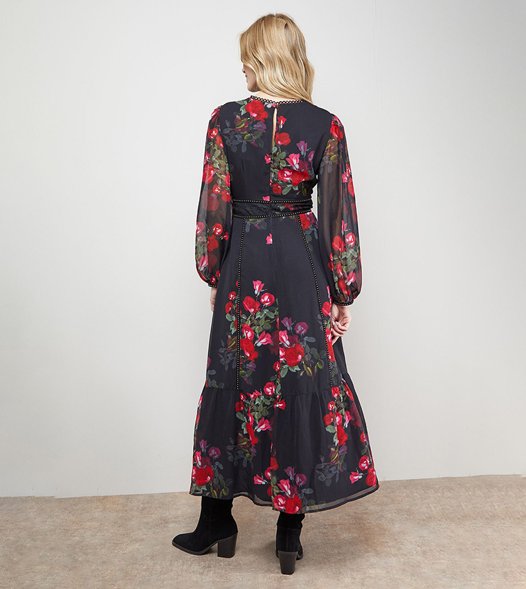 Printed Velvet Stud Trim Midi Dress