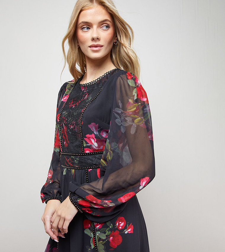 Printed Velvet Stud Trim Midi Dress