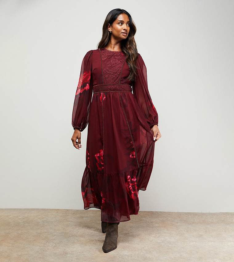 Printed Velvet Stud Trim Midi Dress