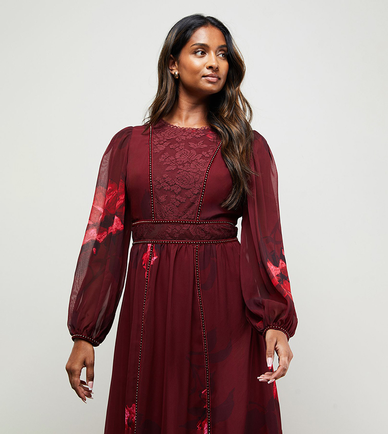 Printed Velvet Stud Trim Midi Dress