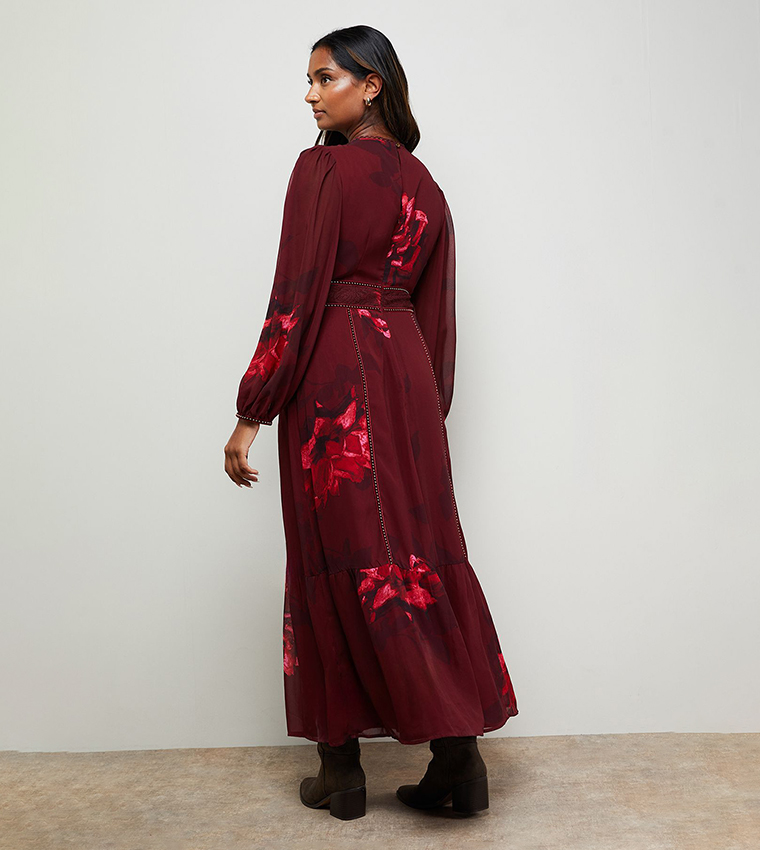 Printed Velvet Stud Trim Midi Dress