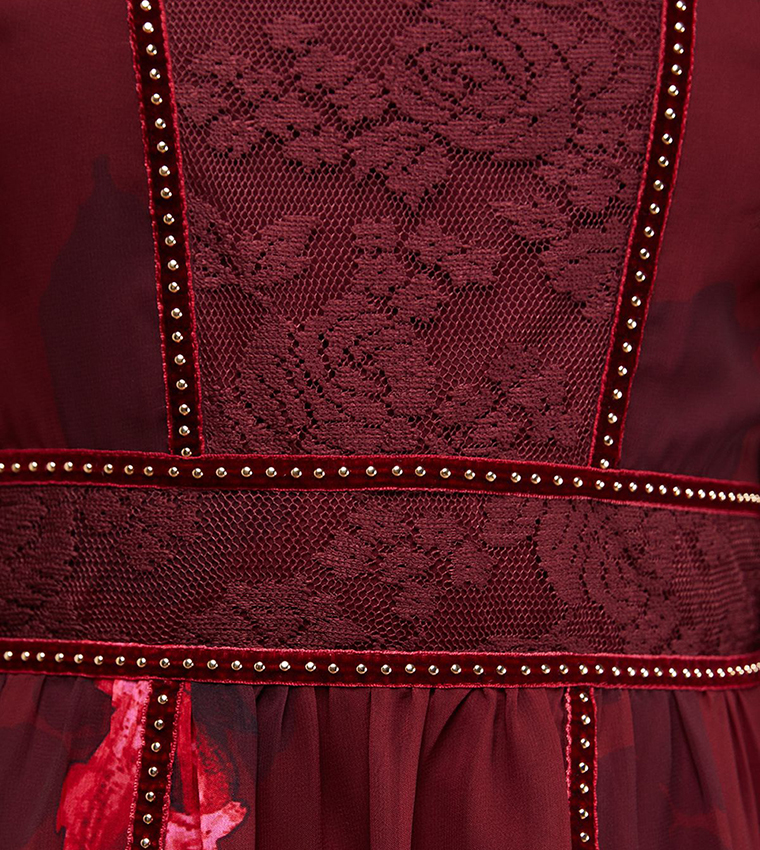 Printed Velvet Stud Trim Midi Dress