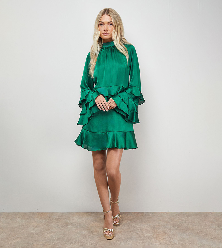 Layered Ruffled Sleeves Buy Oasis Layered Ruffle Sleeves Bow Back Mini Dress In Green ...