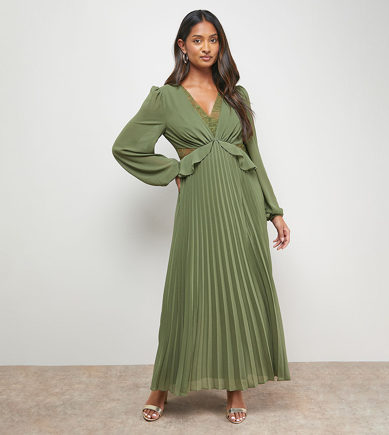 Lace Insert V-Neck Pleated Midi Dress