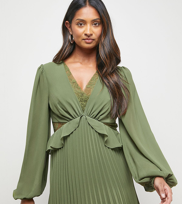 Lace Insert V-Neck Pleated Midi Dress