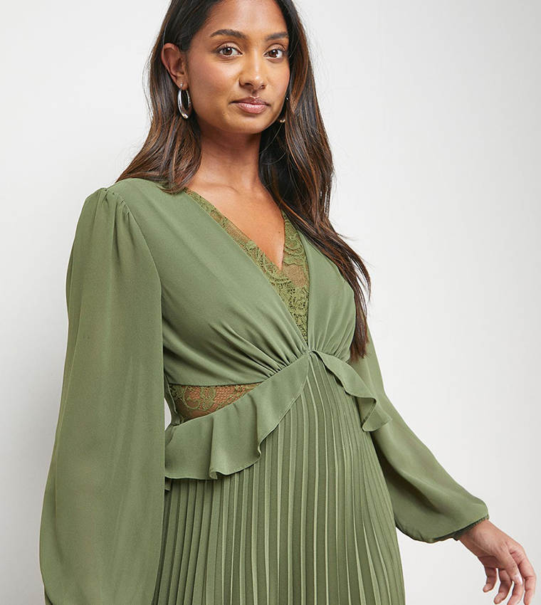 Lace Insert V-Neck Pleated Midi Dress