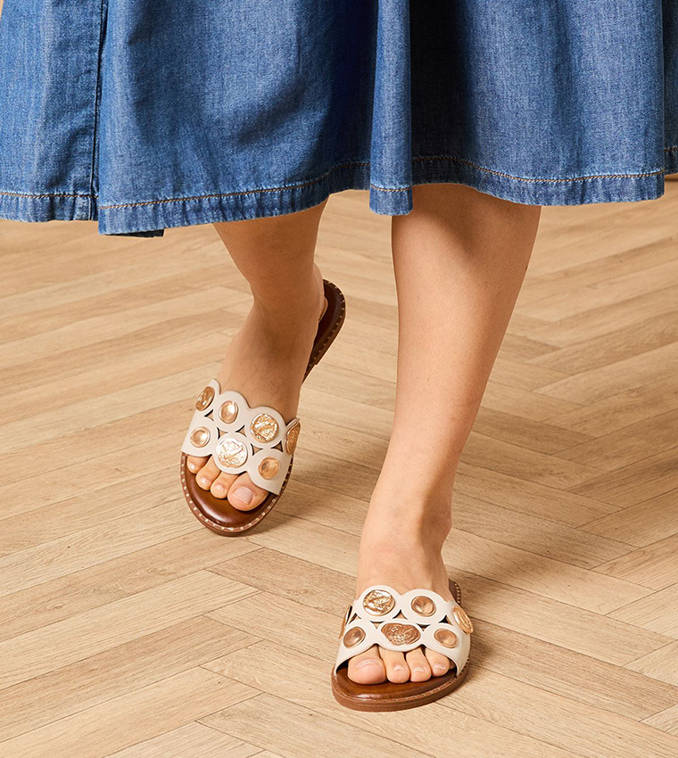 Mandy Faux Leather Metal Detail Slide Sandals
