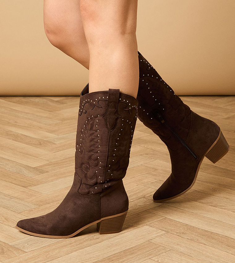 Liana Faux Suede Studded Western Knee-High Cowboy Boots
