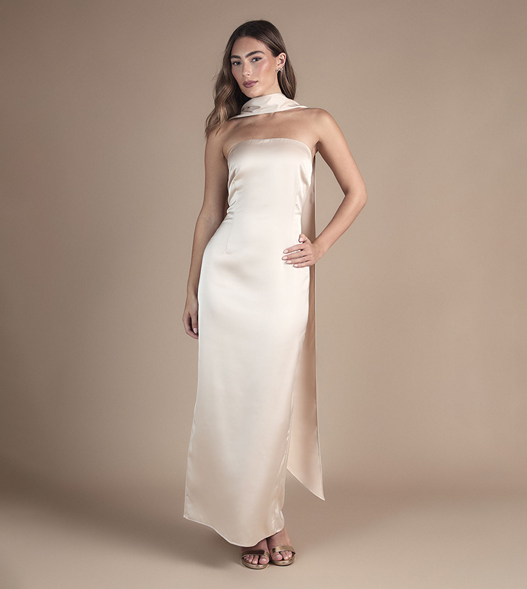 Bandeau Satin Maxi Wedding Dress With Scarf