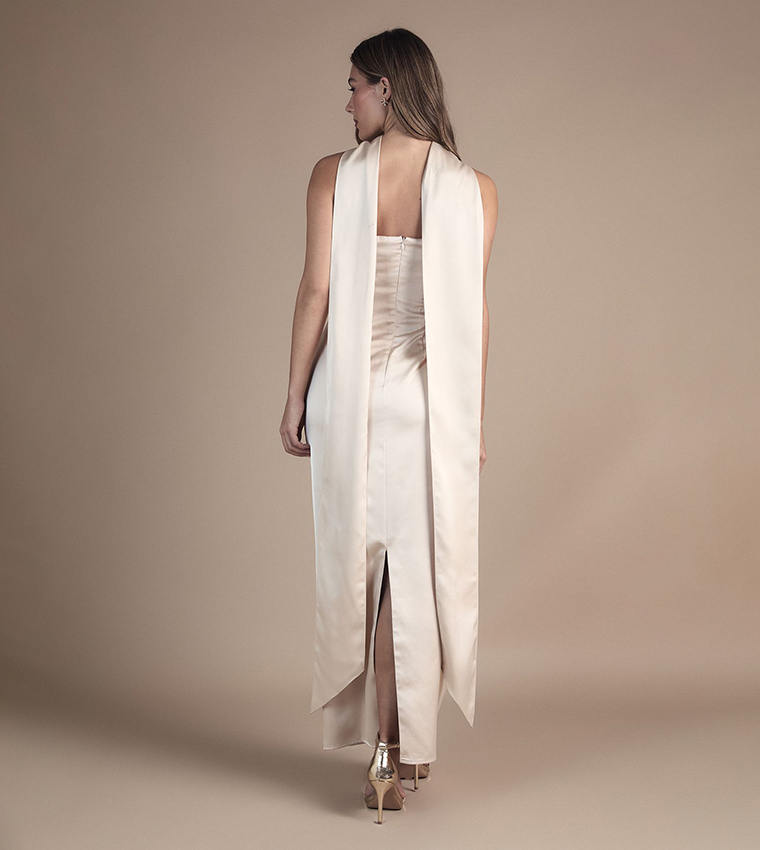 Bandeau Satin Maxi Wedding Dress With Scarf