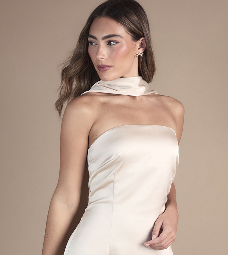 Bandeau Satin Maxi Wedding Dress With Scarf