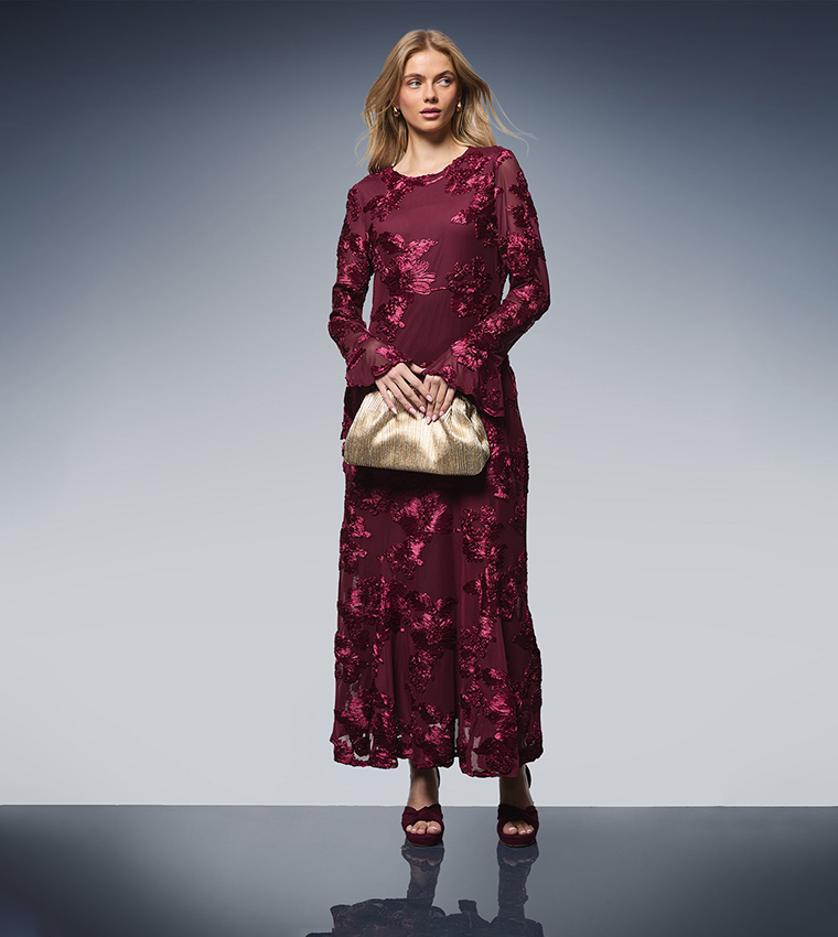 Textured Floral Detail Midi Dress