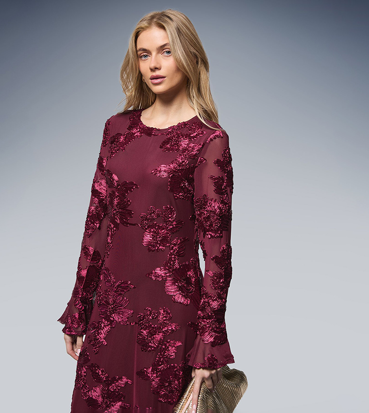 Textured Floral Detail Midi Dress