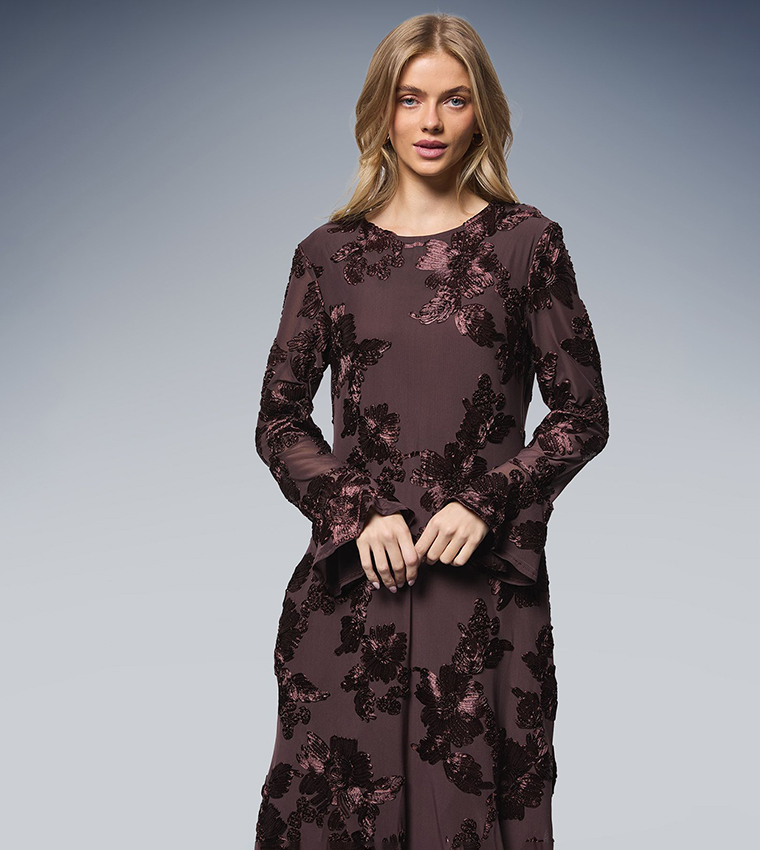 Textured Floral Detail Midi Dress
