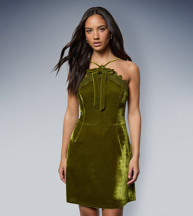 Velvet Bow Front Lace Detail Mini Dress