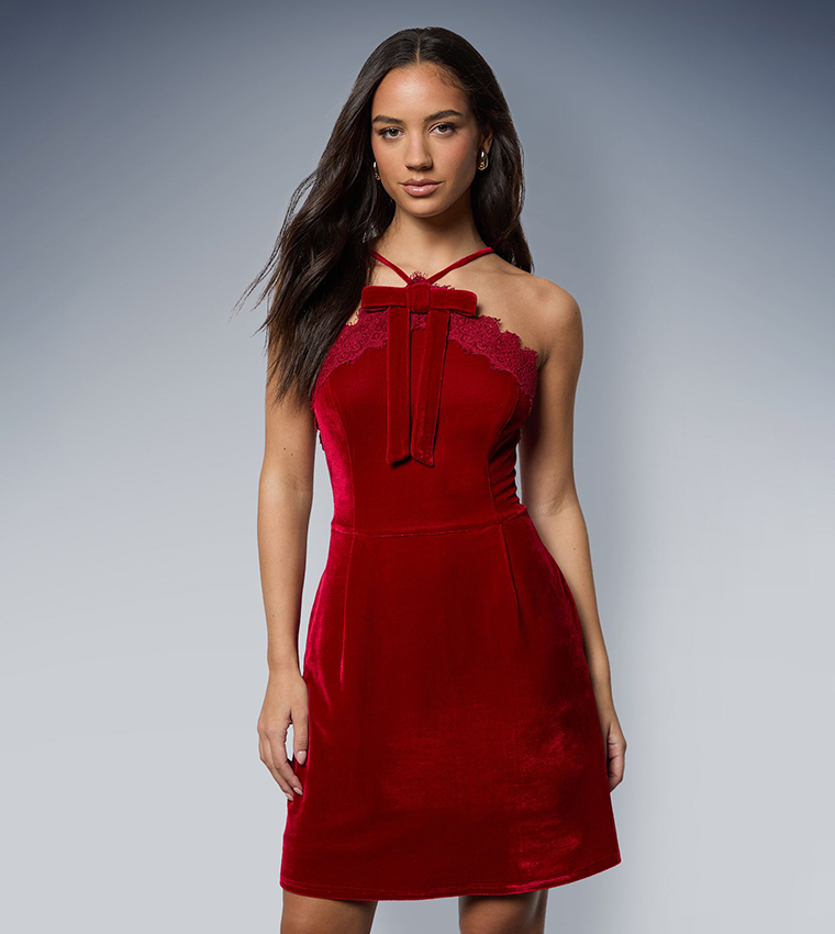 Velvet Bow Front Lace Detail Mini Dress