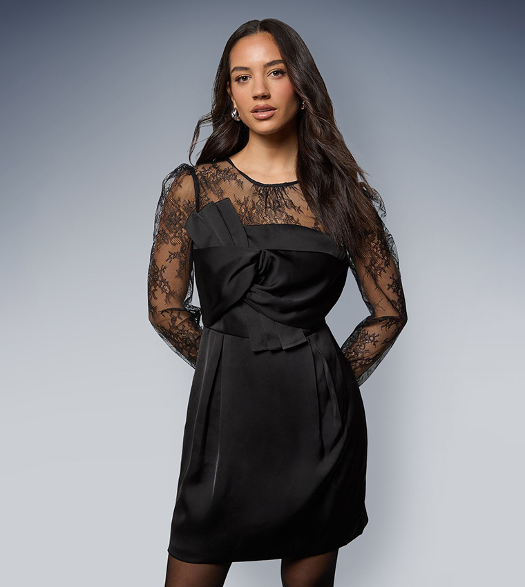 Lace Sleeves Bow Front Midi Dress