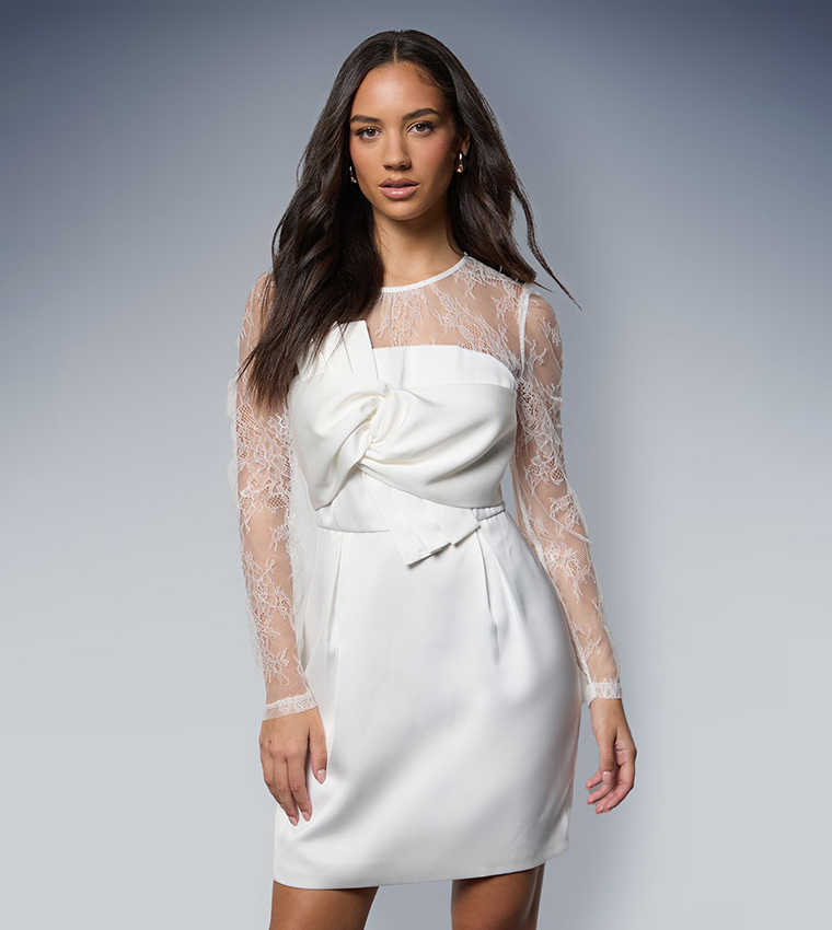 Lace Sleeves Bow Front Midi Dress
