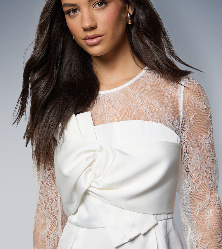 Lace Sleeves Bow Front Midi Dress