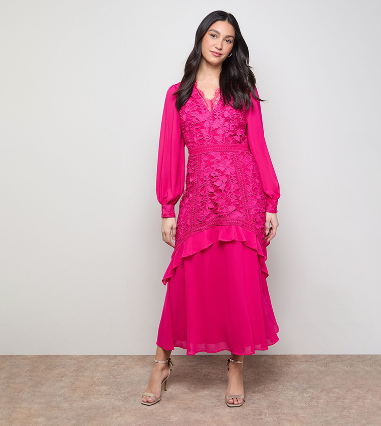 Lace Puff Sleeves V-Neck Midaxi Dress