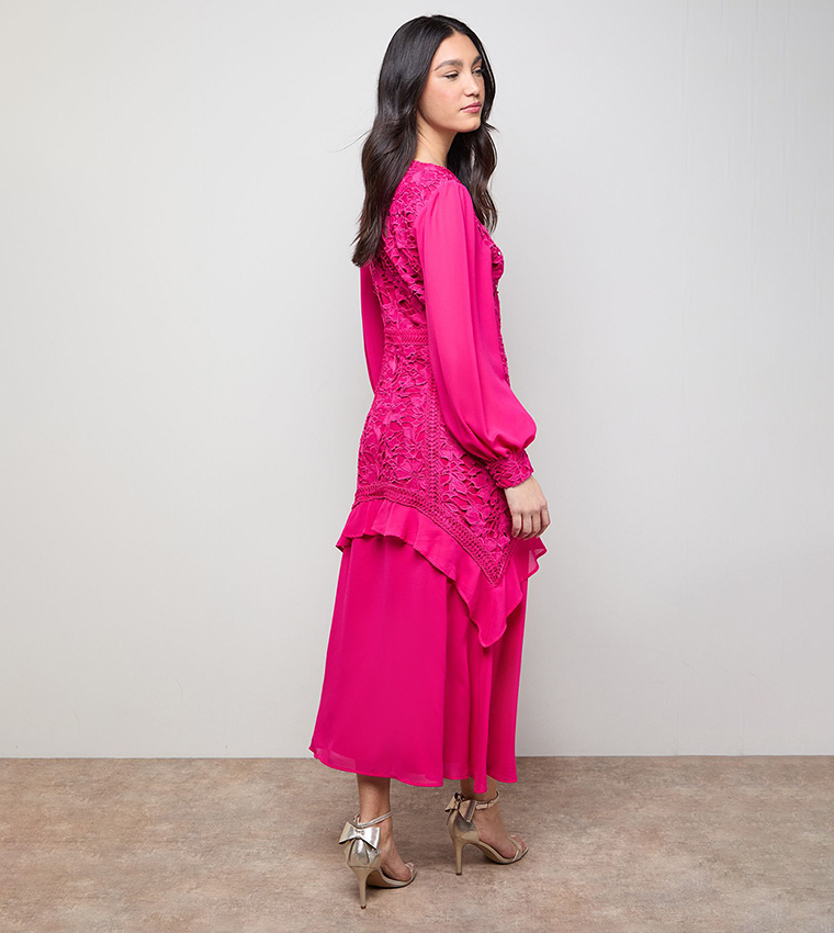 Lace Puff Sleeves V-Neck Midaxi Dress