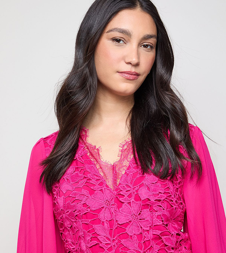 Lace Puff Sleeves V-Neck Midaxi Dress