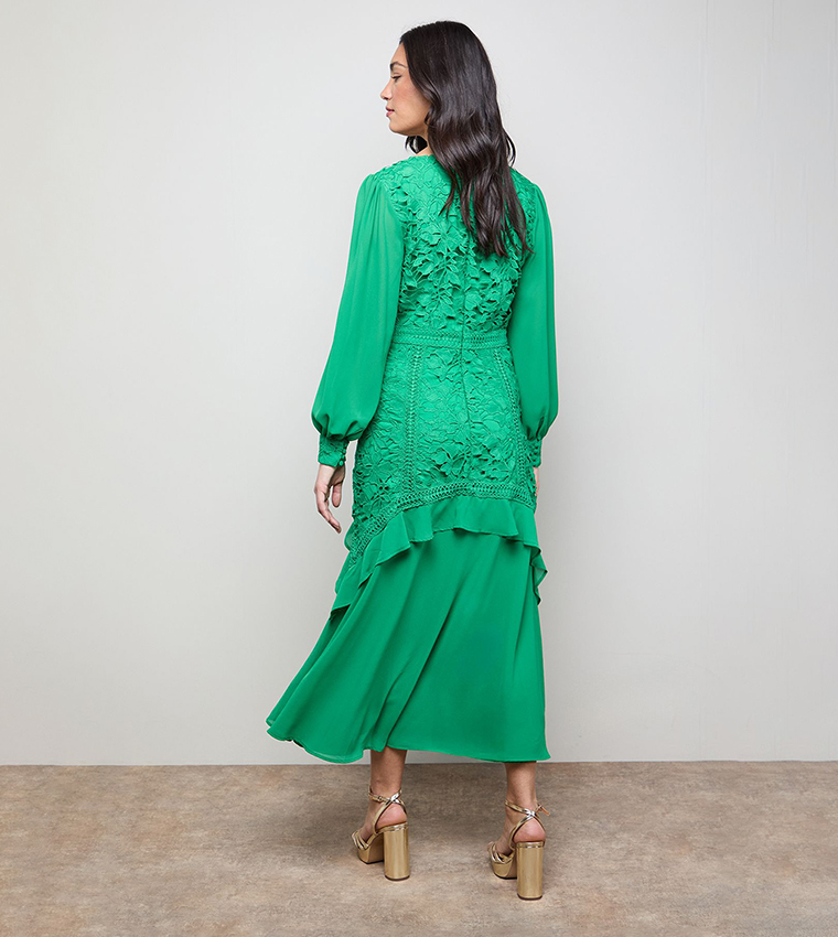 Lace Puff Sleeves V-Neck Midaxi Dress
