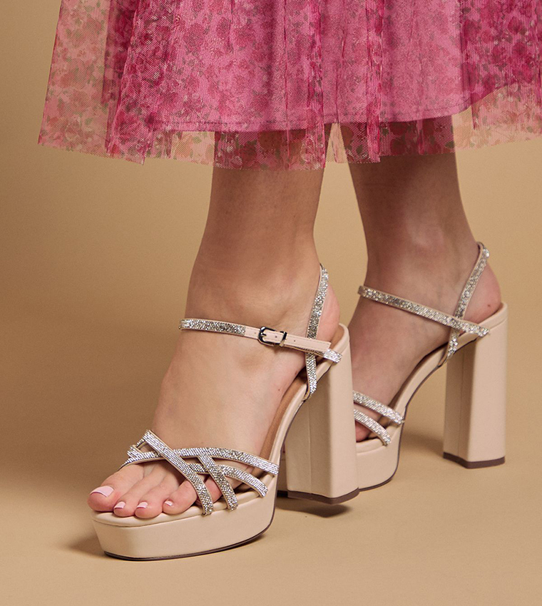 Mona Faux Leather Embellished Block Heel Sandals