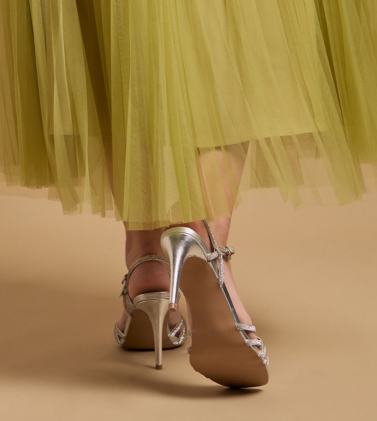 Sana Metallic Faux Leather Embellished Cage Heel Sandals