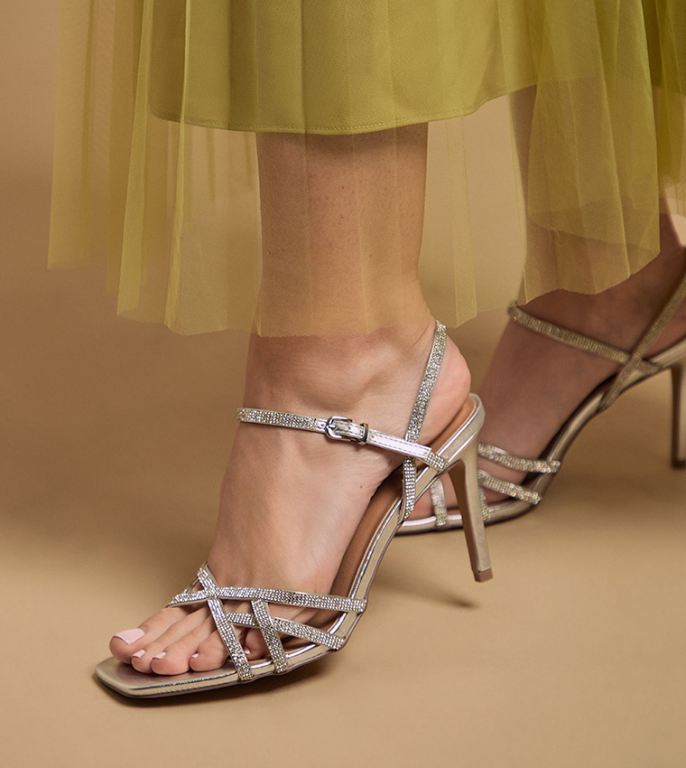 Sana Metallic Faux Leather Embellished Cage Heel Sandals