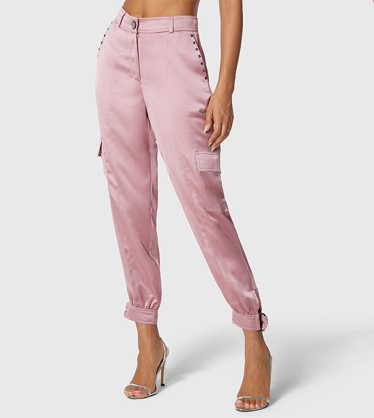 Buy Bebe High Waist Stud Detail Satin Jogger Pants In Lilac 6thStreet Kuwait