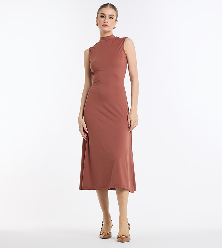 Solid High Neck Midi Dress