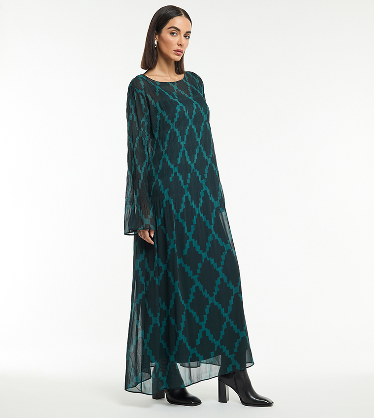 فستان ماكسي شيفون بكسرات وطبعة 