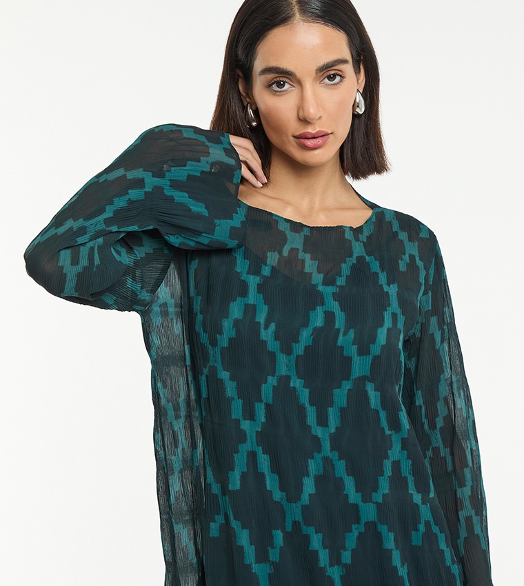 فستان ماكسي شيفون بكسرات وطبعة 