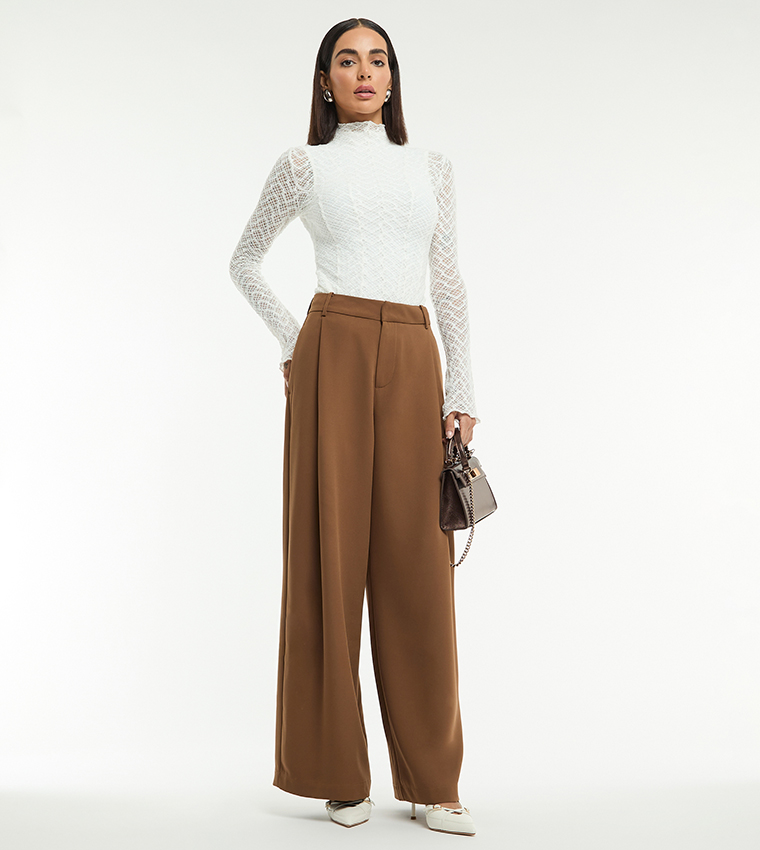 Solid High Rise Wide Leg Trousers