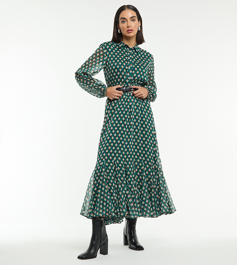 Printed Long Sleeves Midaxi Dress