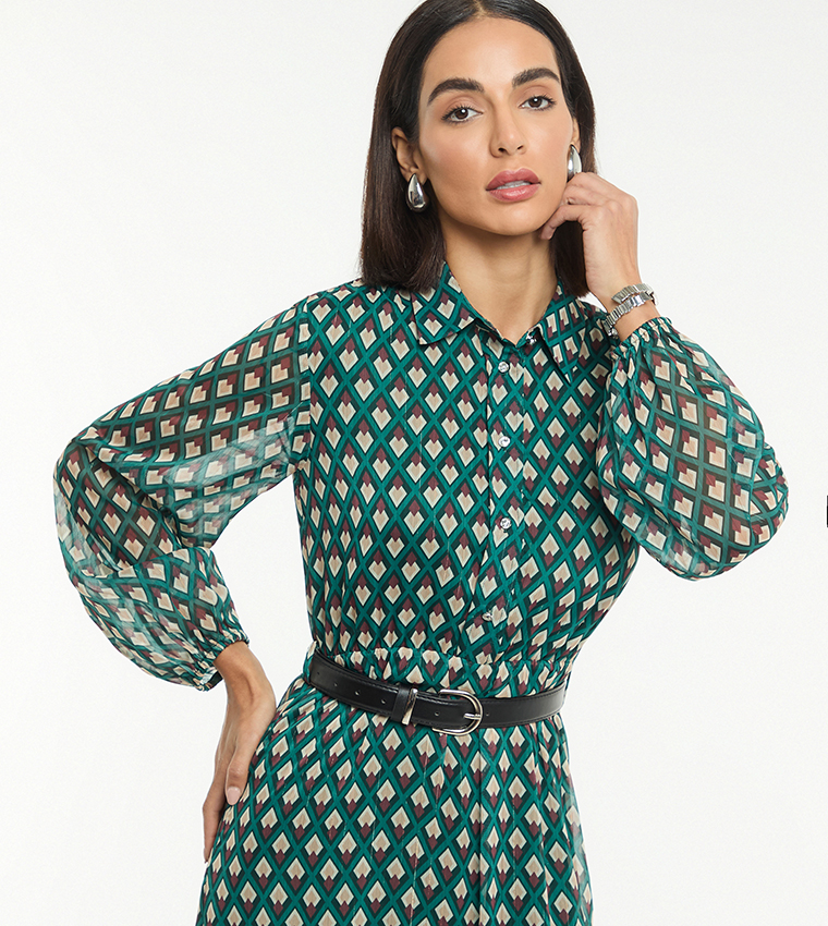 Printed Long Sleeves Midaxi Dress