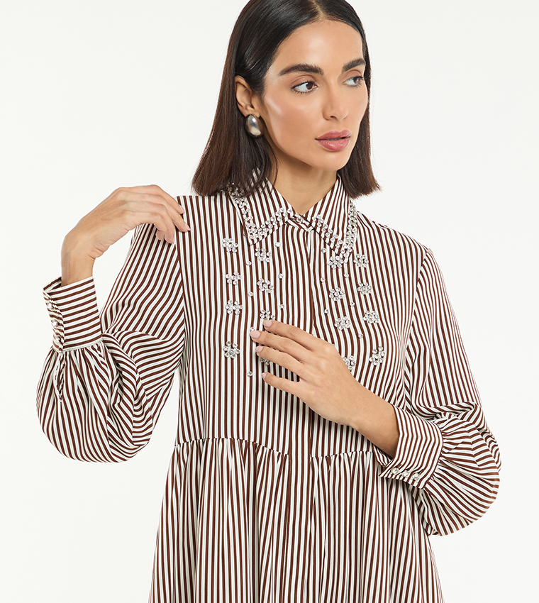 Striped Embellished Midi Shirt Dress