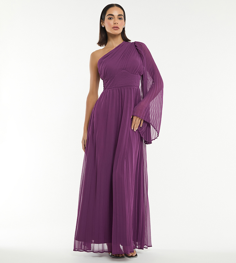Buy BCBG Solid One Shoulder Pleated Maxi Dress In Purple | 6thstreet Oman