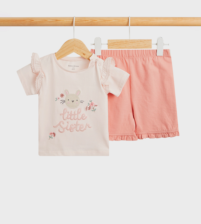 Embroidered Crew Neck Shorts Set