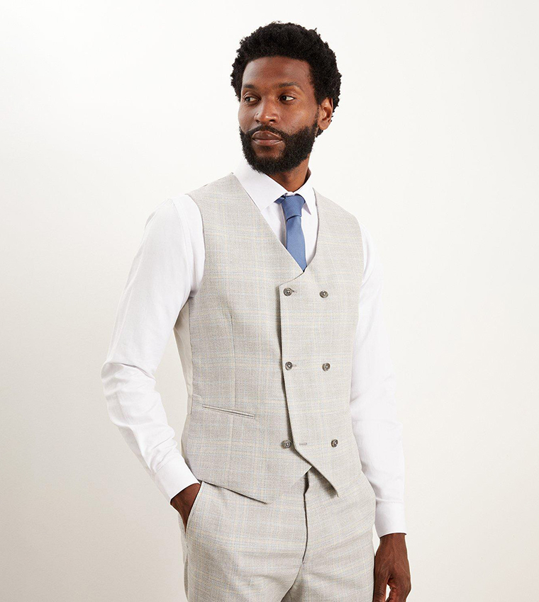 Buy Burton Tailored Fit Grey Textured Check Waistcoat In Grey ...