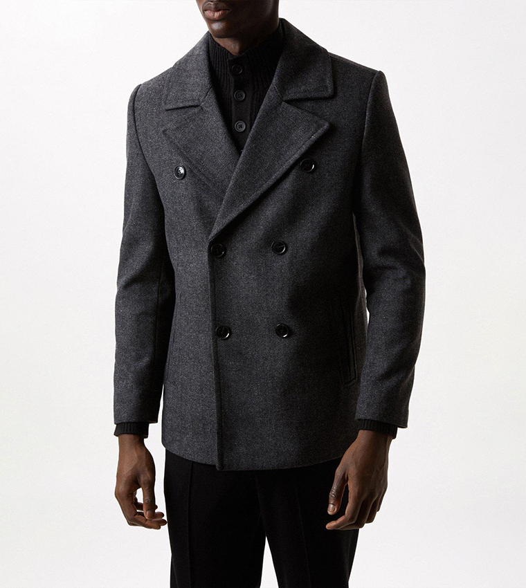 Buy Burton Herringbone Wool Blend Pea Coat In Grey 6thStreet Qatar