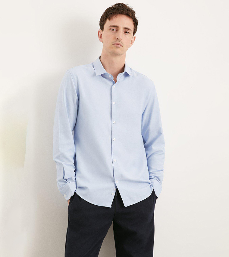 Blue Long Sleeves Slim Fit Basket Weave Smart Shirt
