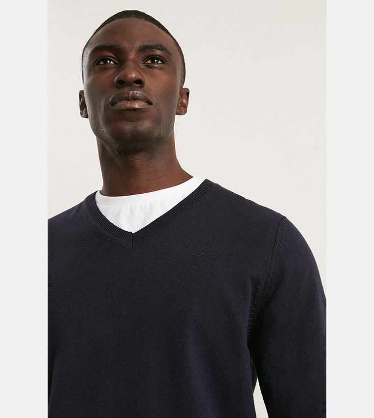 سويتشيرت قطن محبوك برقبة على شكل حرف V