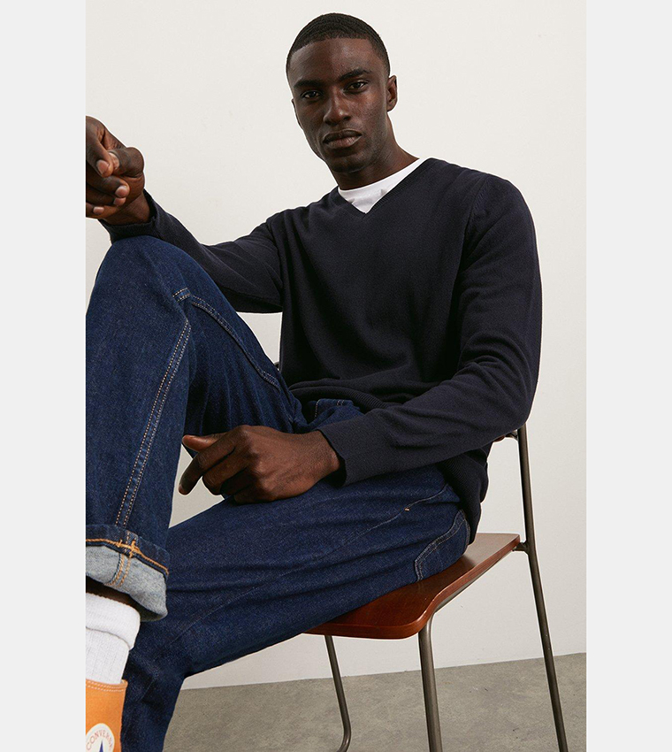 سويتشيرت قطن محبوك برقبة على شكل حرف V