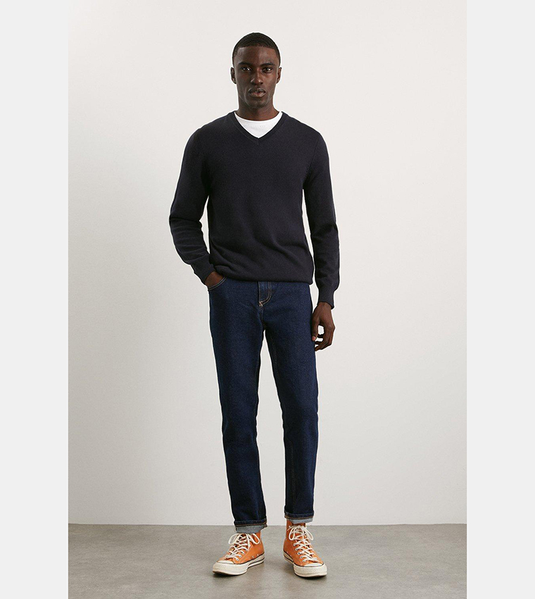 سويتشيرت قطن محبوك برقبة على شكل حرف V