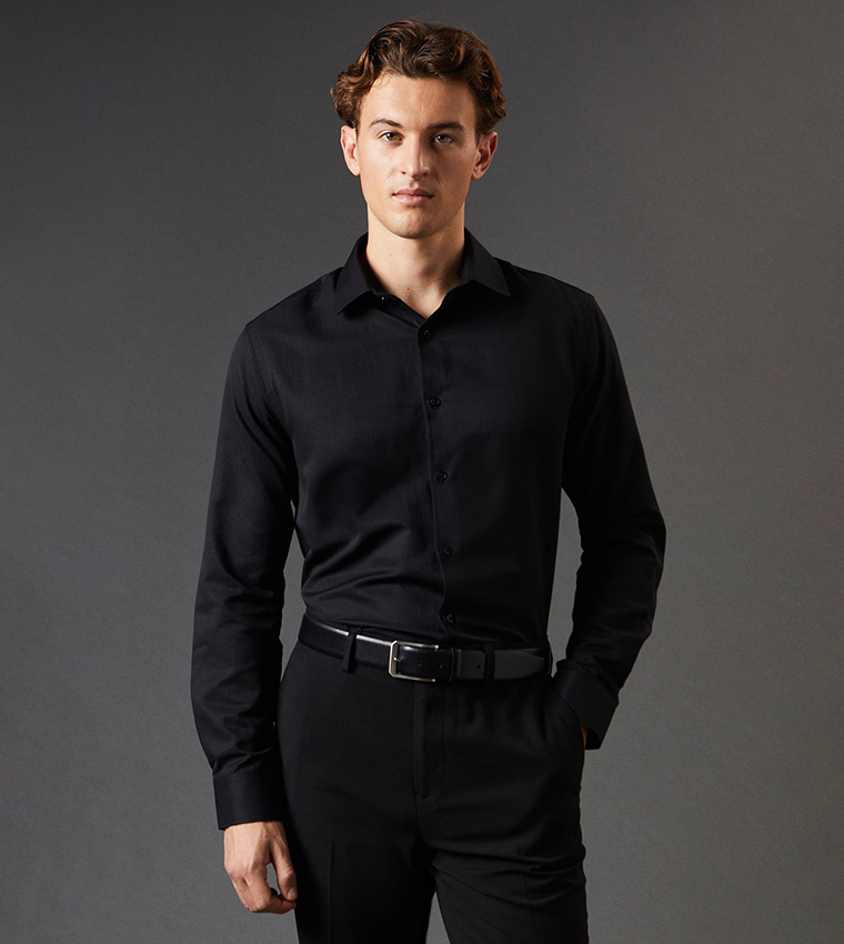 Solid Herringbone Weave Long Sleeves Shirt