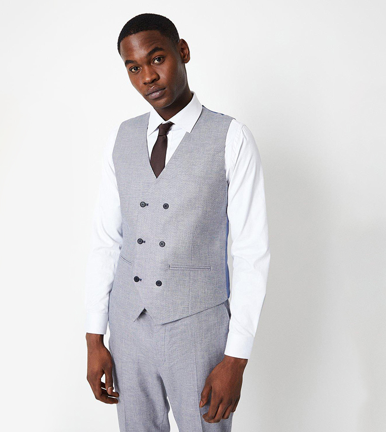 Buy Burton Solid Slim Fit Linen Waistcoat In Blue 6thStreet UAE