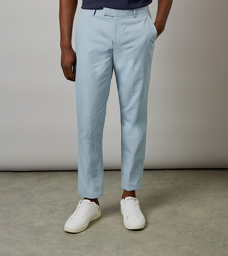 Light Blue Linen Slim Fit Formal Trousers