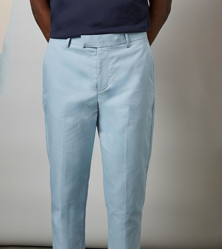 Light Blue Linen Slim Fit Formal Trousers